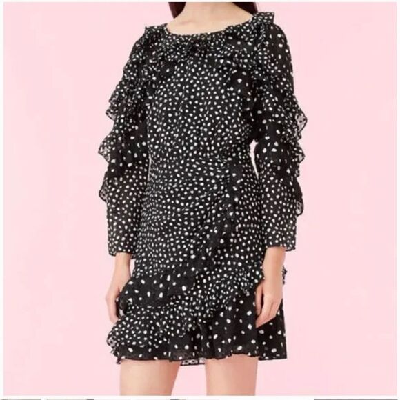 Rebecca TAYLOR Black White Dot Ruffle Long Sleeve Silk Crepe Dress size 2 
NWT - Picture 7 of 17